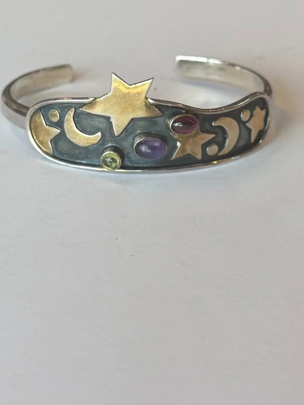 MOON + STARS CELESTIAL STERLING SILVER MULTI GEM CUFF BRACELET